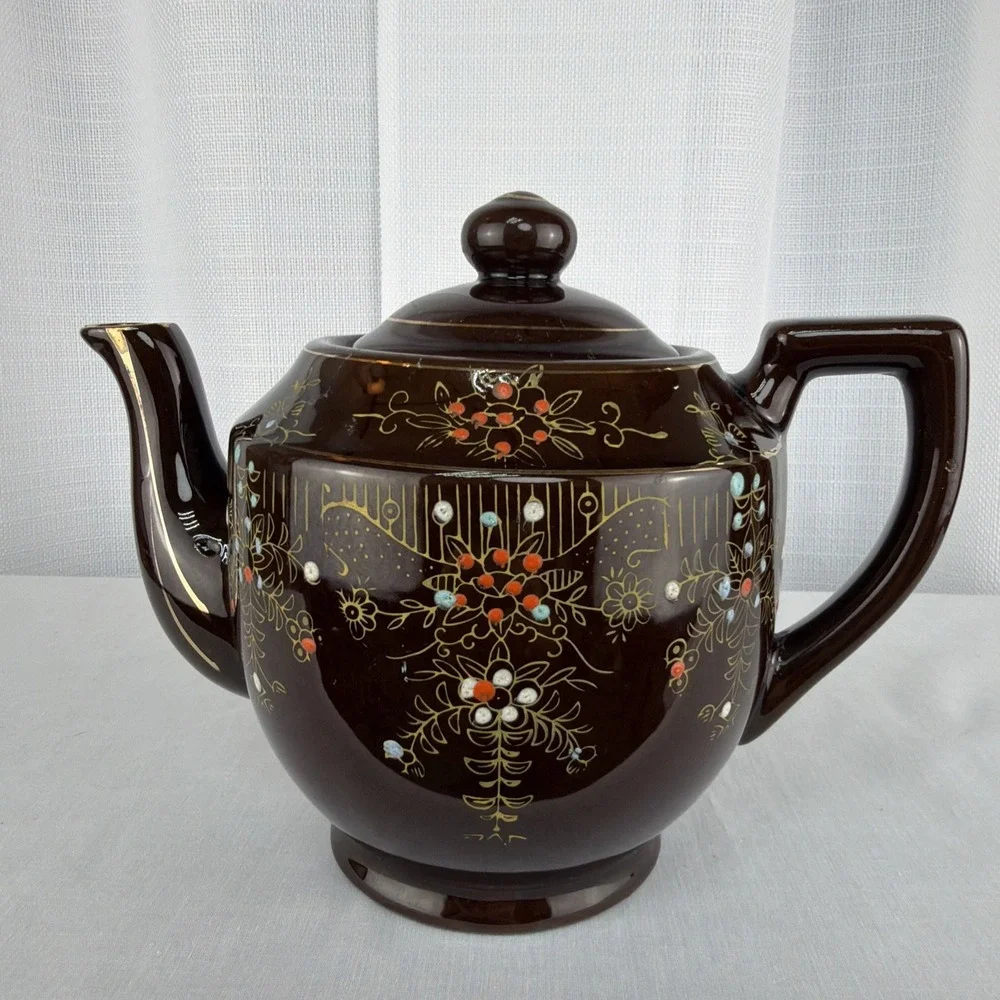 Vintage Brown Betty Redware Teapot Moriage Enamel Hand Painted Japan GUC MCM